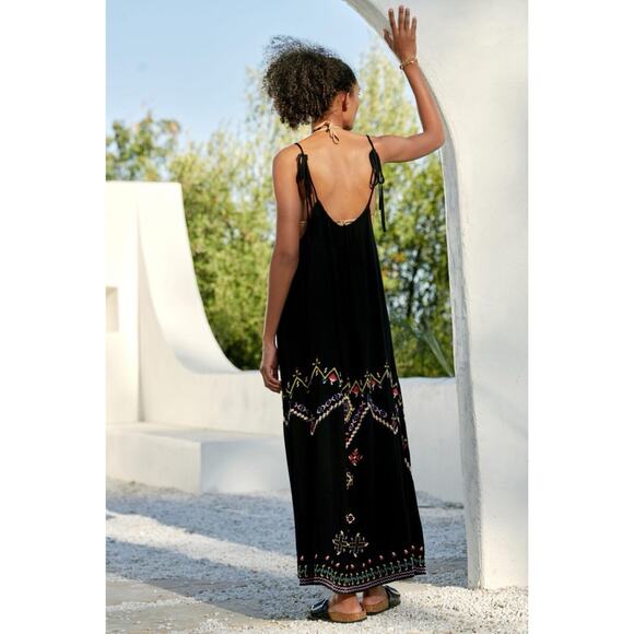 Anthropologie Embroidered Black Geometric Motif Sleeveless Relaxed Maxi Dress - Picture 2 of 8